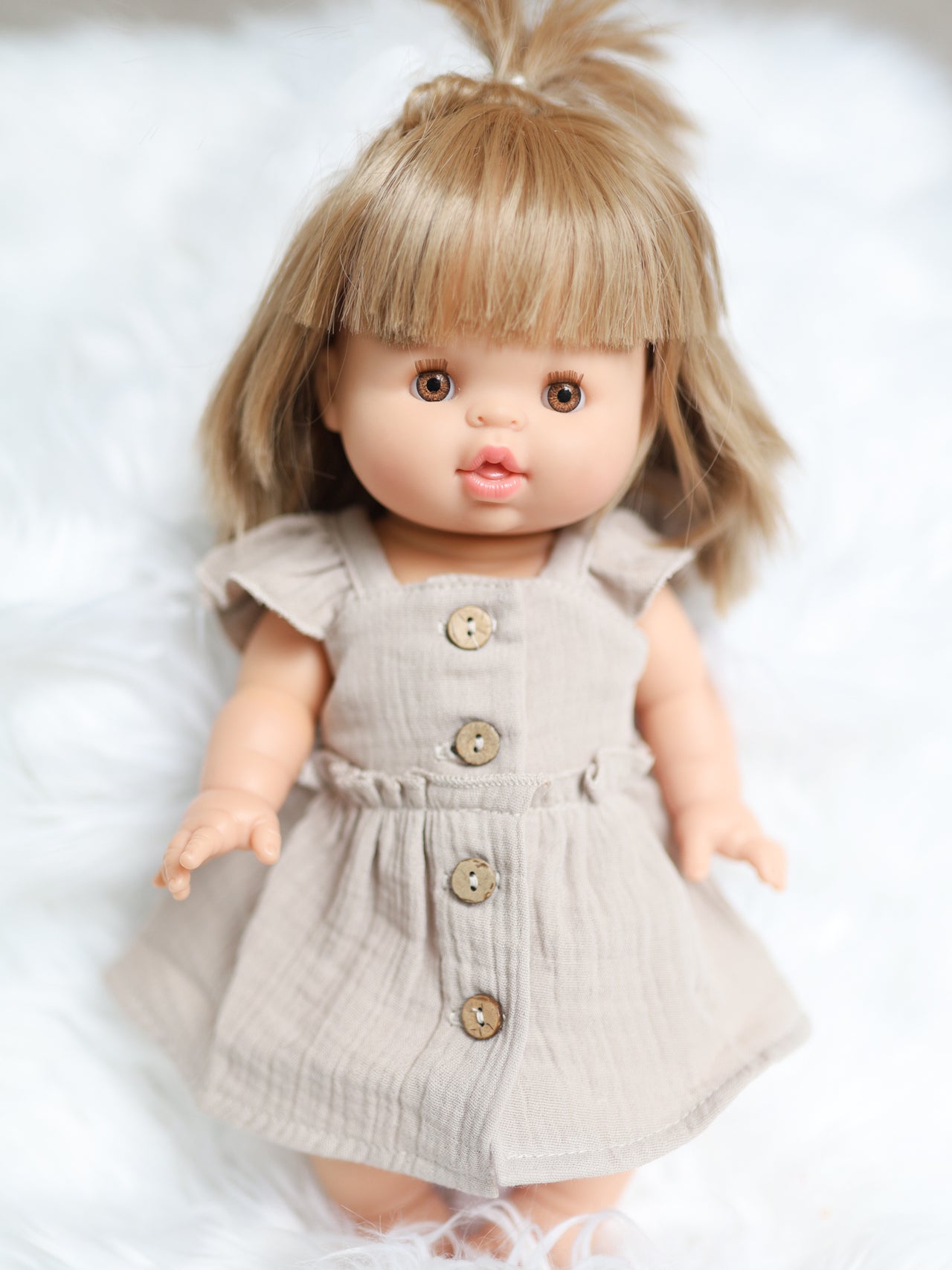 Minikane Elisa Apron Dress in Pebble Double Gauze